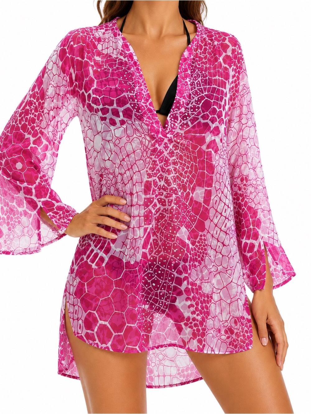 Revue Sheer Womens Pink Abstract Pattern Sheer Sequined Flowy Tunic Top‎ Swim